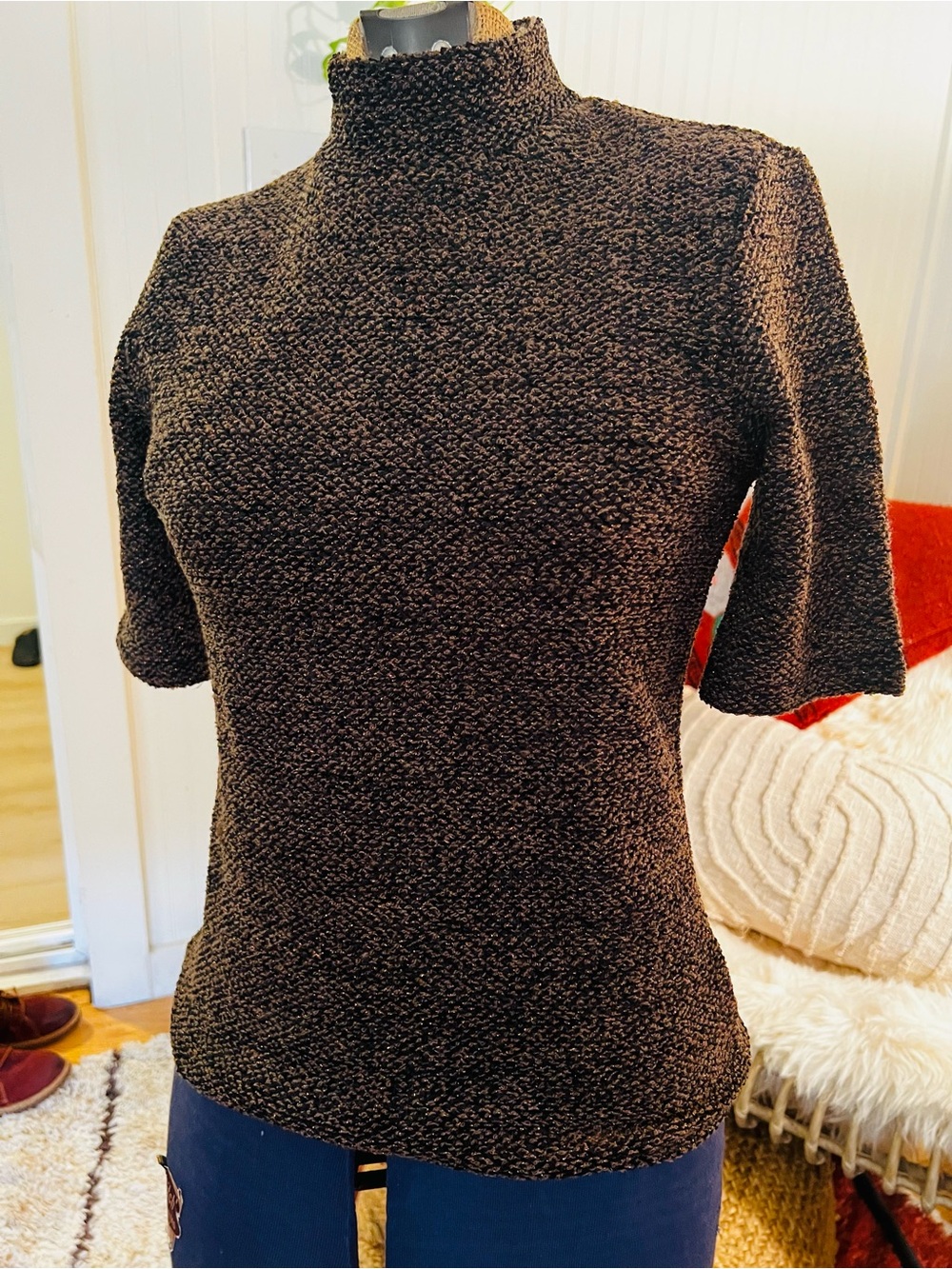 Zara Brown & Metallic Gold Boucle Knit Mockneck Short Sleeve Top Sweater Size S